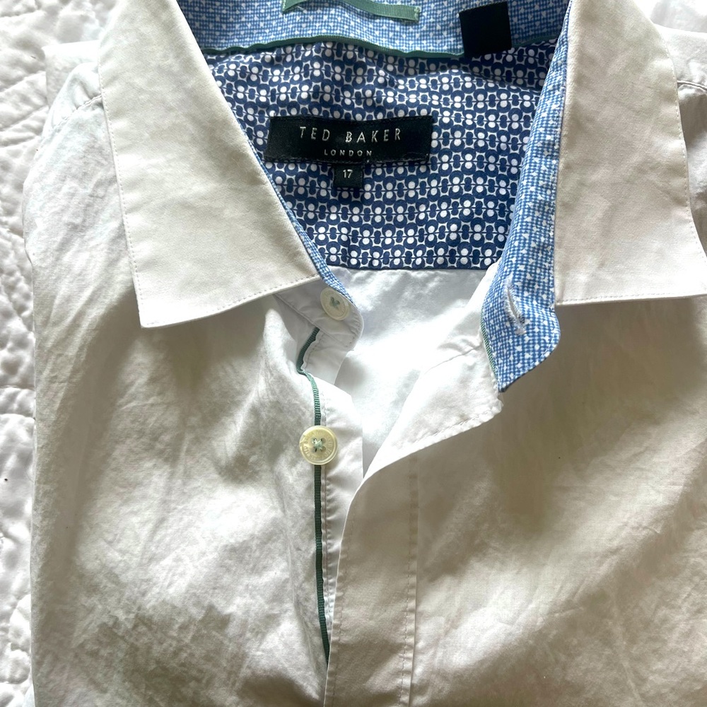 Ted Baker Men’s long sleeve dress shirt White with Blue accents